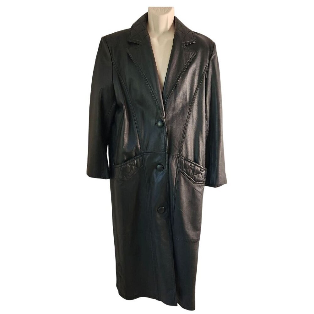 Vintage Pelle Club Black Leather Trench Coat Medium Soft Long Leather Duster